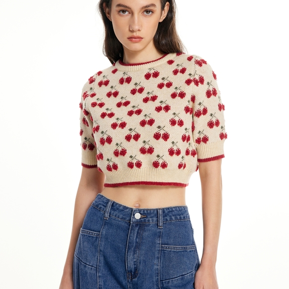 Cider Contrasting Binding Cherry Pattern Knitted Crop Top - Picture 2 of 5